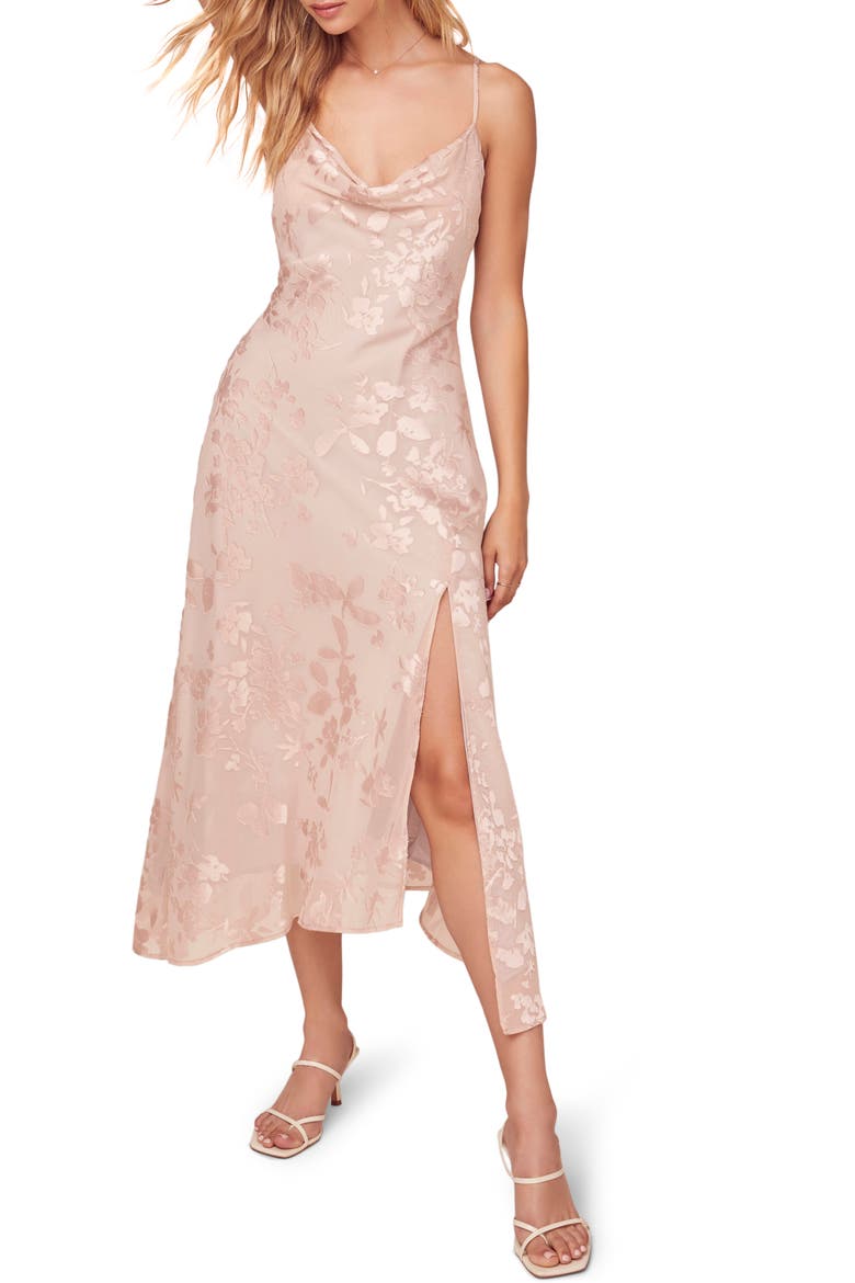 Gaia Strappy Bias Cut Midi Dress, Main, color, BLUSH FLORAL JACQUARD