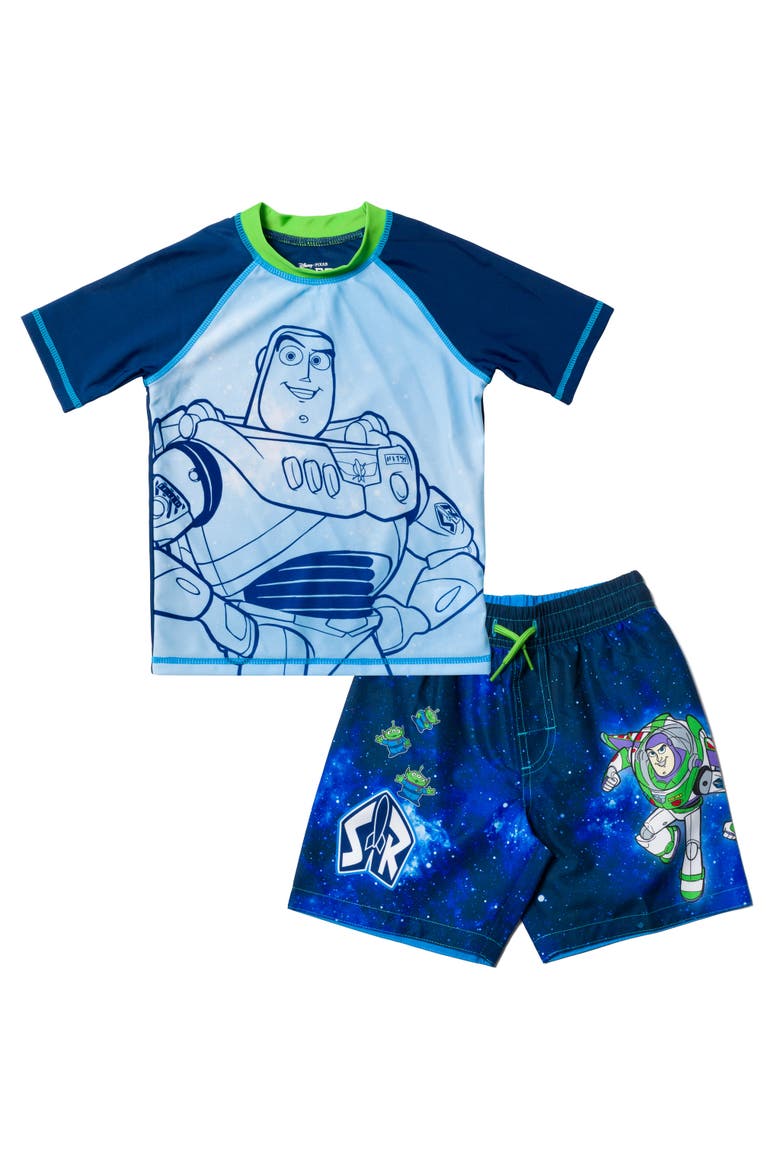 Toy Story Swimwear 2-Piece Rash Guard and Swim Trunks Set, Main, color, Buzz Aliens Blue