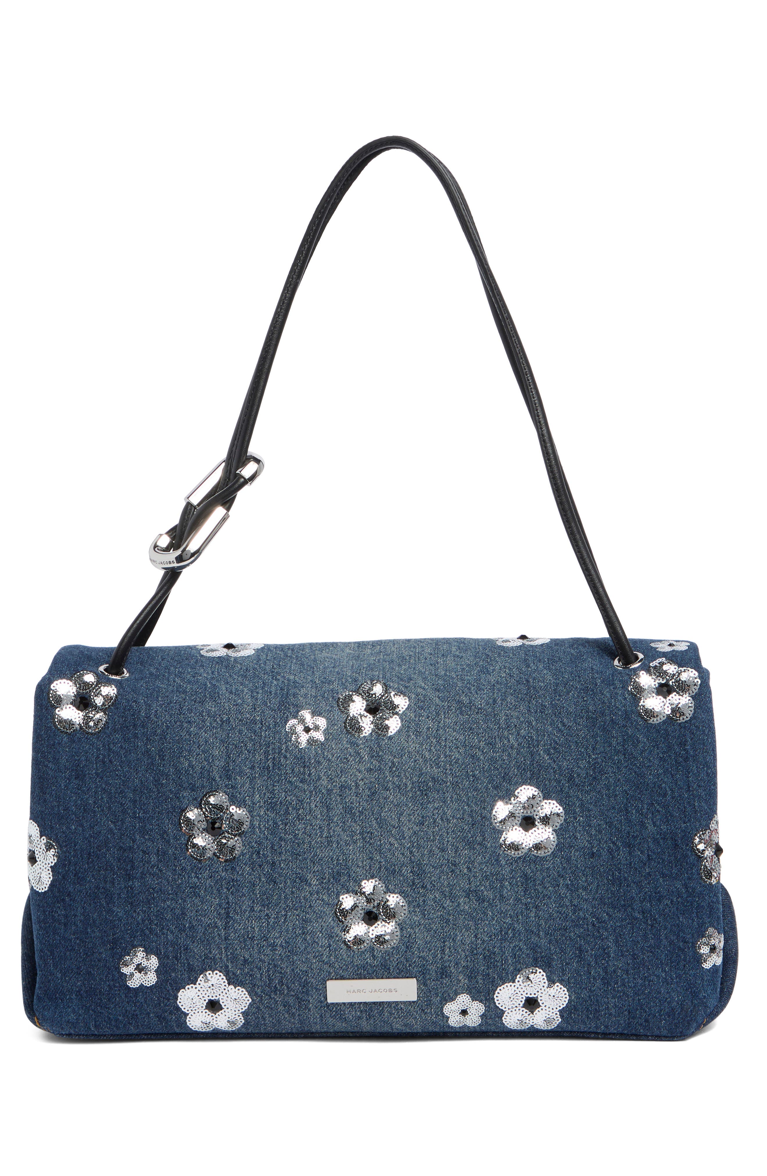 The Large Dual Sequin Flower Denim Shoulder Bag, Alternate, color, VINTAGE INDIGO