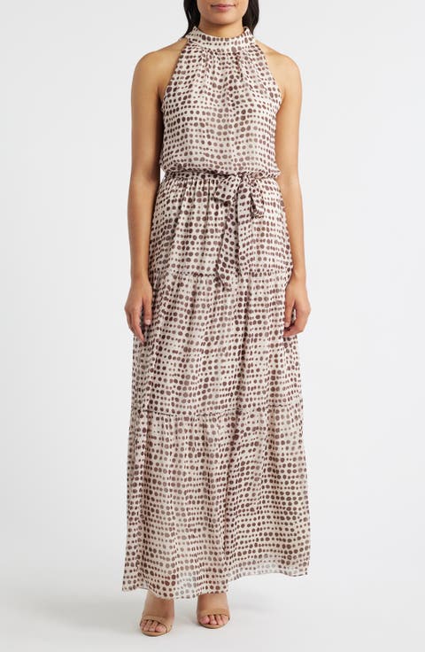 Dot Print Tiered Chiffon Maxi Dress