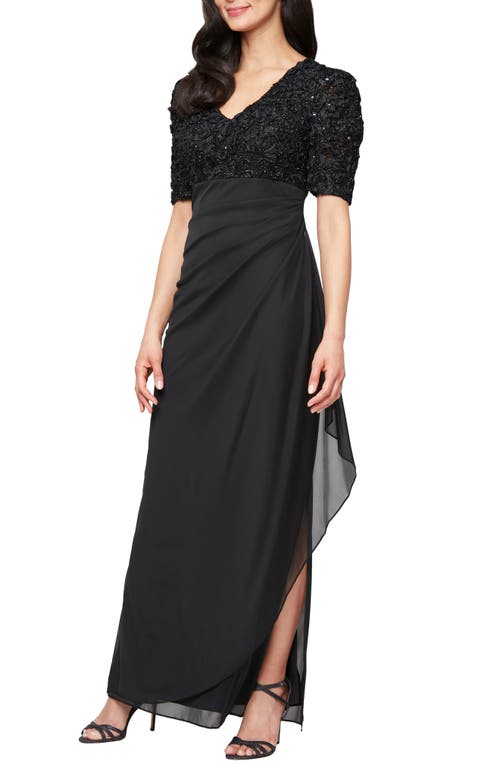 Alex Evenings Embellished Short Sleeve Empire Waist Gown In Black