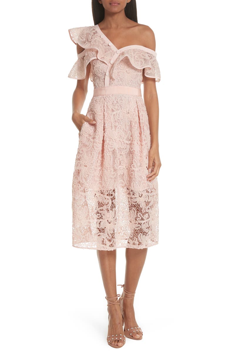 Self-Portrait Lace Shoulder Cutout Midi Dress, Main, color, 