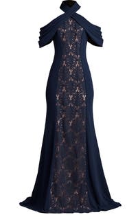 Tadashi Shoji Lace Inset Cold-Shoulder Gown