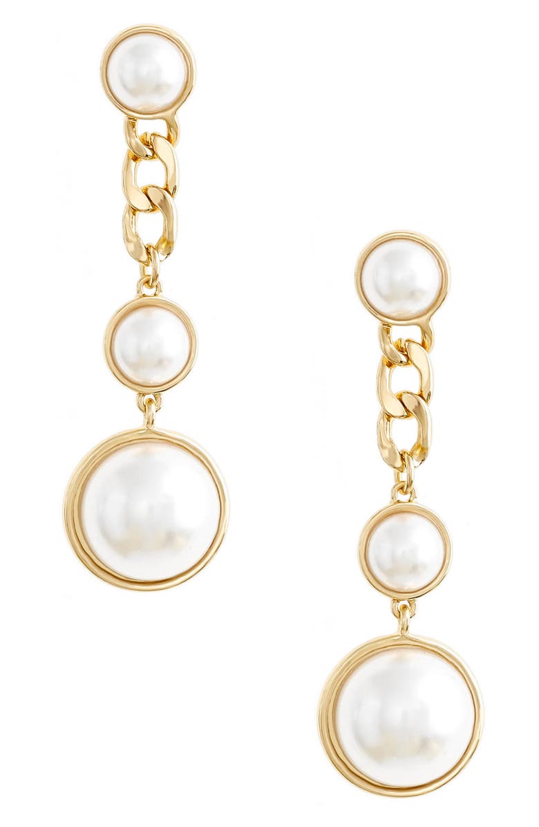 Ettika Imitation Pearl Drop Earrings, Main, color, Gold