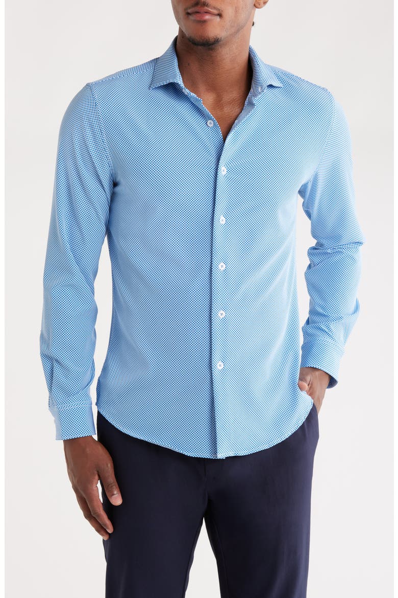 Geo Print Stretch Button-Up Shirt, Main, color, BLUE/WHITE