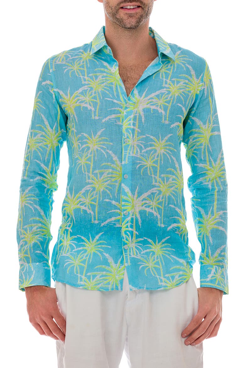 Palm Linen Button-Up Shirt, Main, color, BLUE