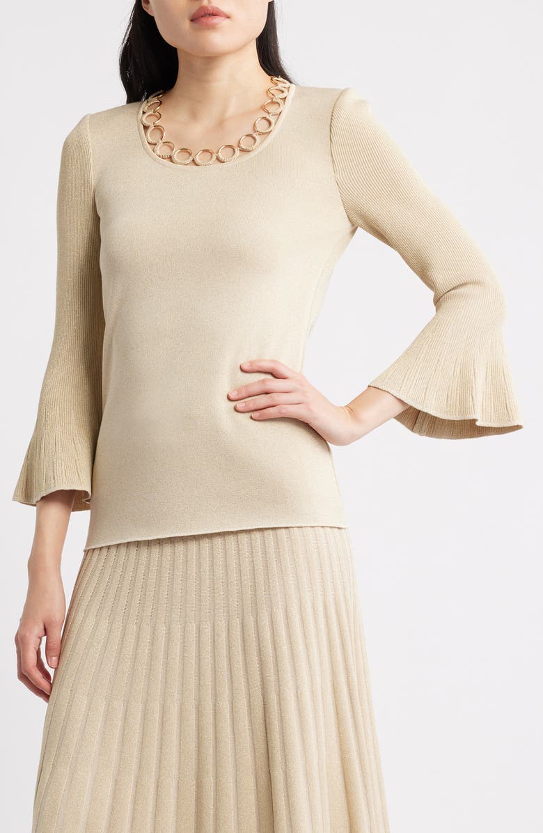 Misook Grommet Accent Metallic Knit Scoop Neck Top, Main, color, Biscotti/Gold