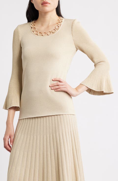 Grommet Accent Metallic Knit Scoop Neck Top