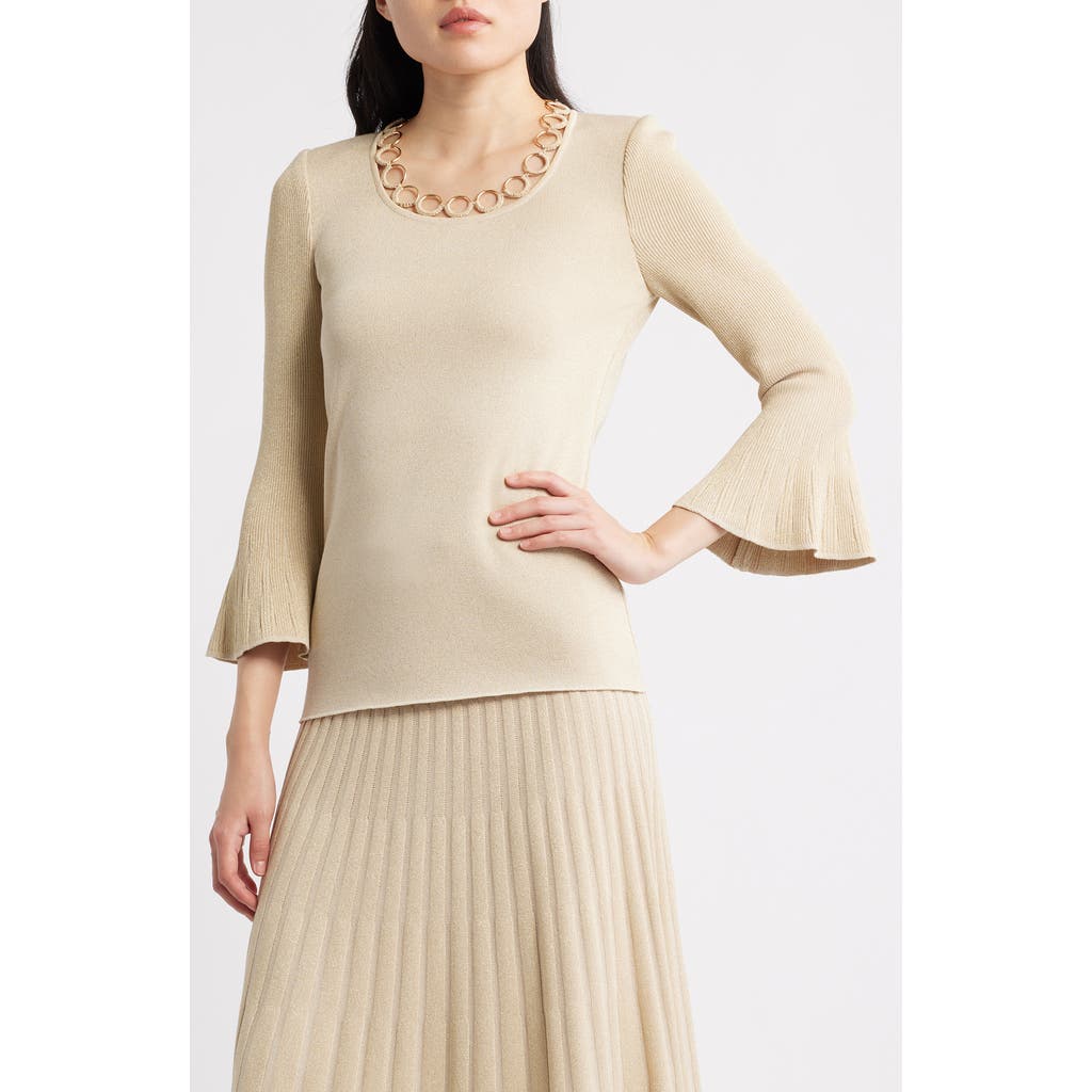 Misook Grommet Accent Metallic Knit Scoop Neck Top In Neutral