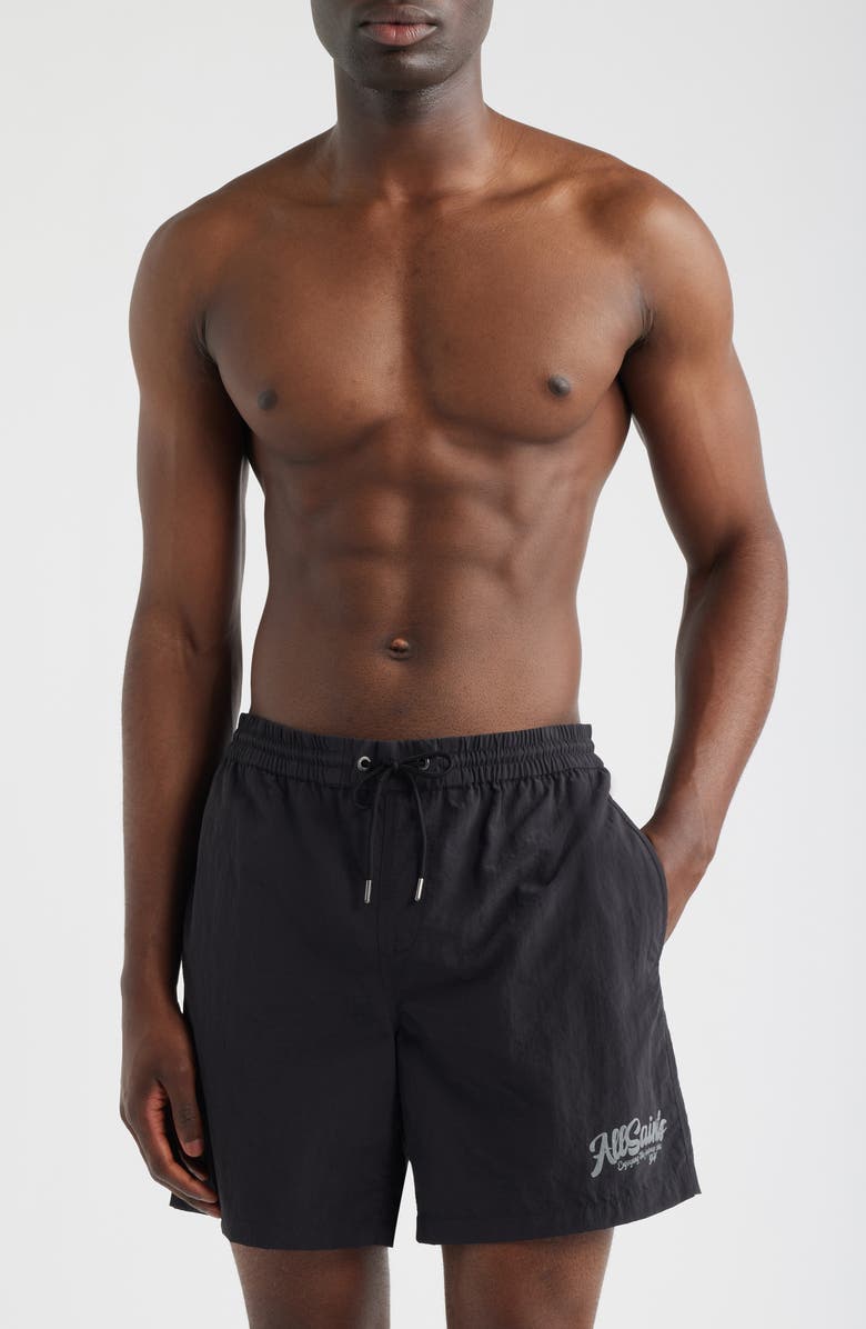 AllSaints Odyssey Logo Swim Trunks, Main, color, Washed Black