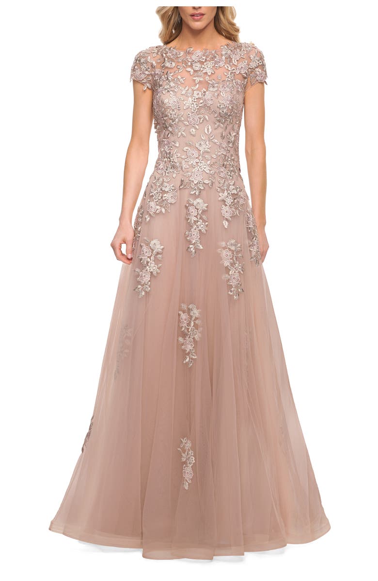 La Femme Gorgeous Lace and Tulle Gown with Full Skirt and Sleeves, Main, color, Blush