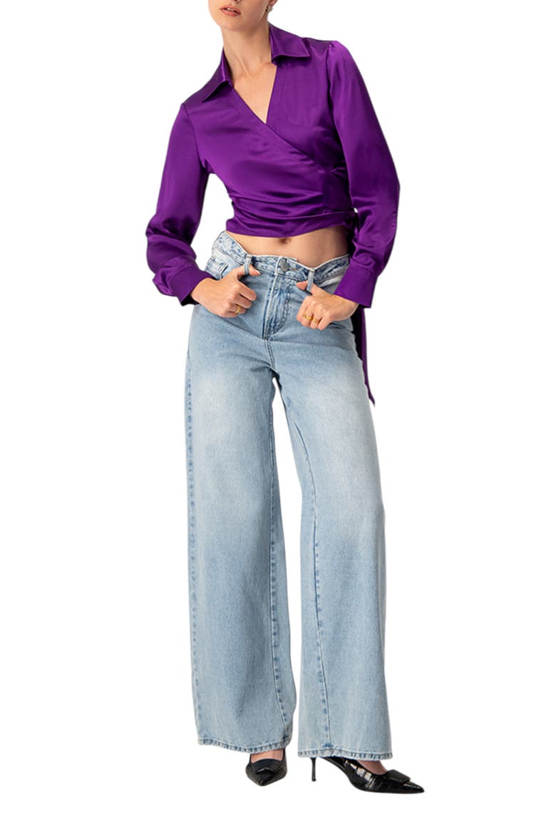 Wrap Satin Blouse with Tie Detail, Alternate, color, Purple