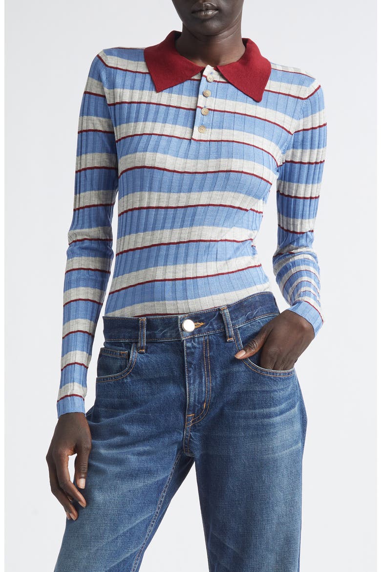 The Joni Stripe Rib Silk & Cashmere Polo Sweater, Main, color, BLUE STRIPE