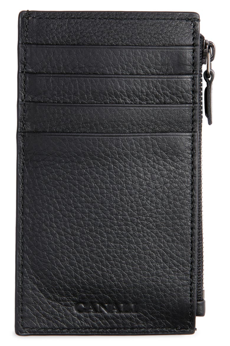 Tumbled Calfskin Card Holder with Zip, Alternate, color, BLACK