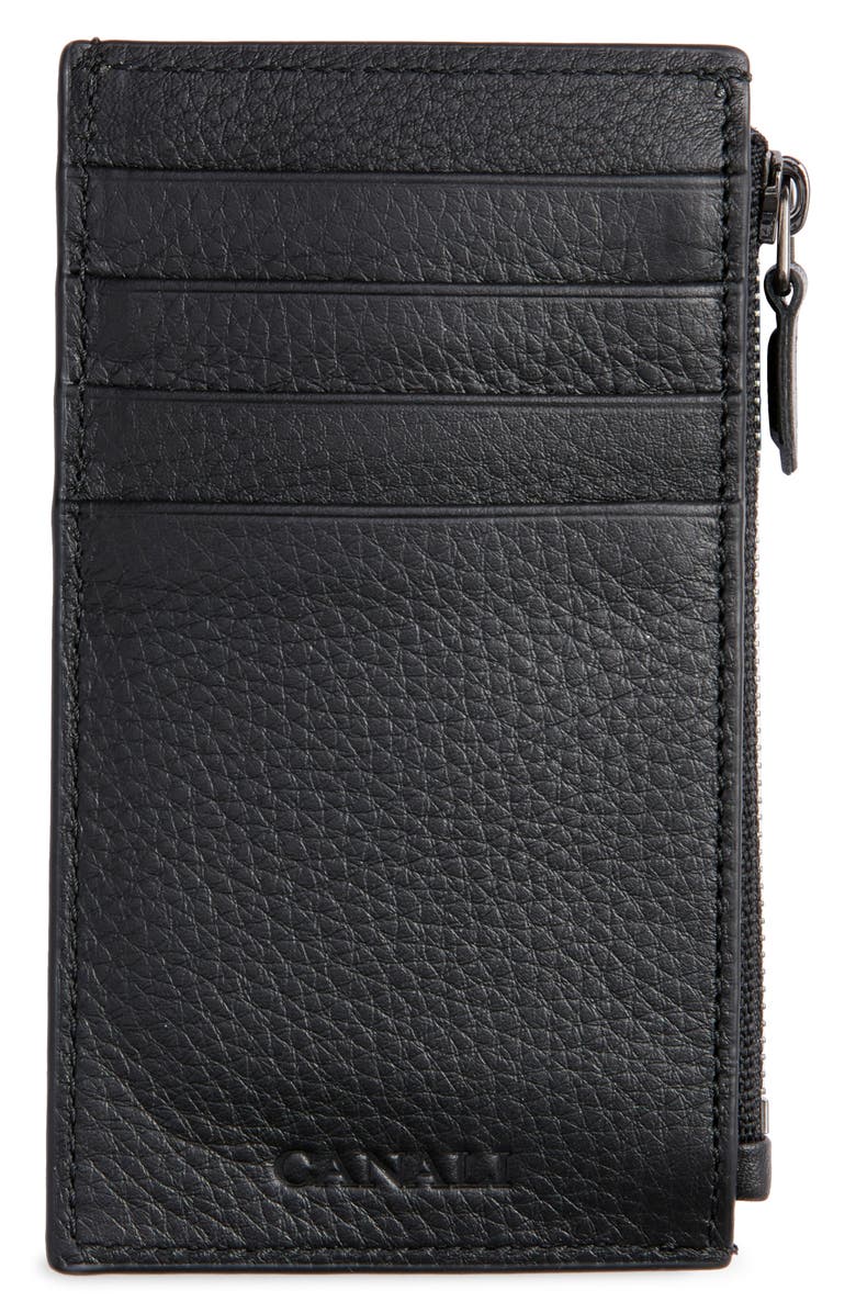 Canali Tumbled Calfskin Card Holder with Zip, Alternate, color, Black