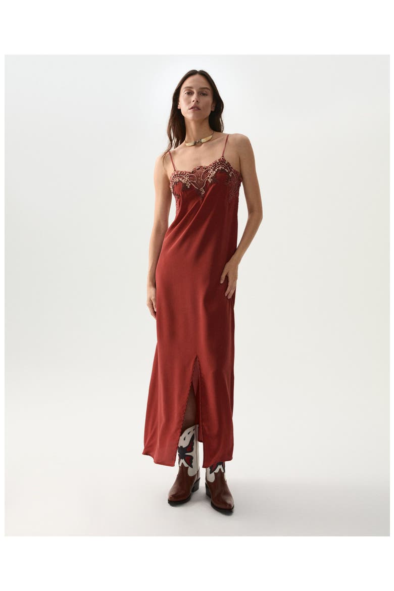 Alizée Embroidered Silk Dress, Alternate, color, Burgundy