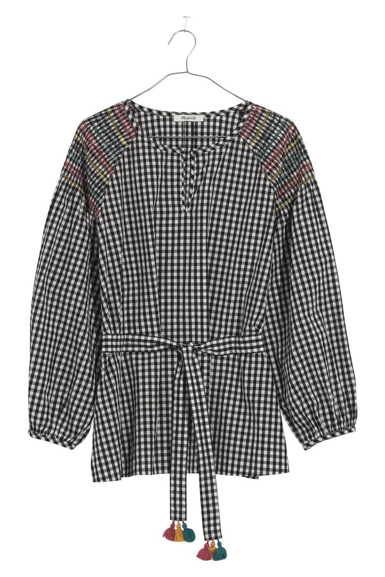 Smocked Gingham Top, Alternate, color, TRUE BLACK