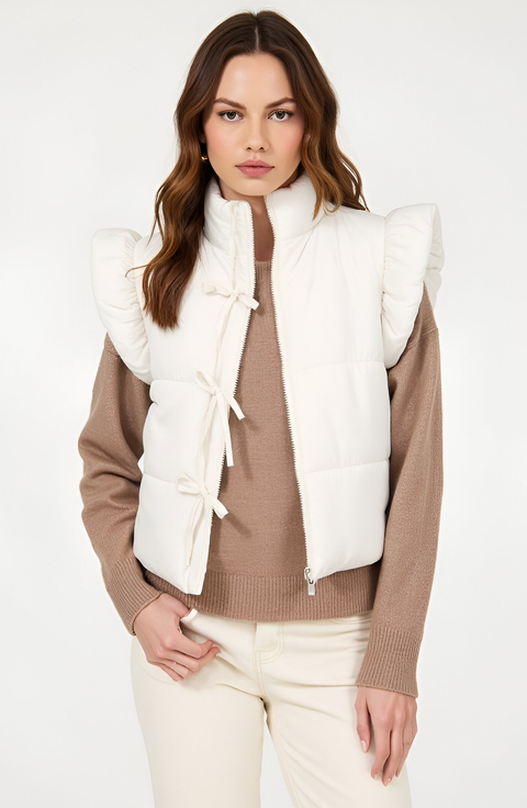 Ruffle Shoulder Puffer Vest with Front Tie Closures and Stand Collar