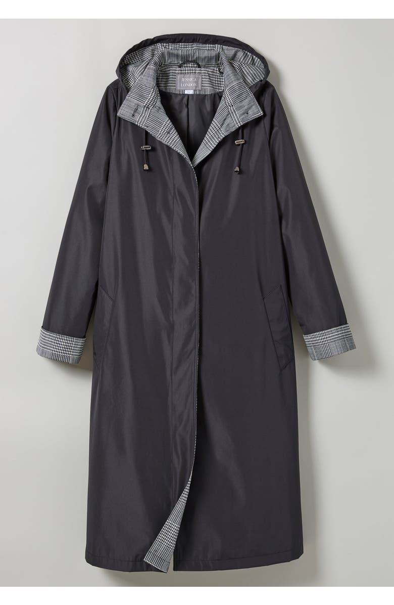 Jessica London Contrast Hood Raincoat, Alternate, color, Black Ivory Glen Plaid