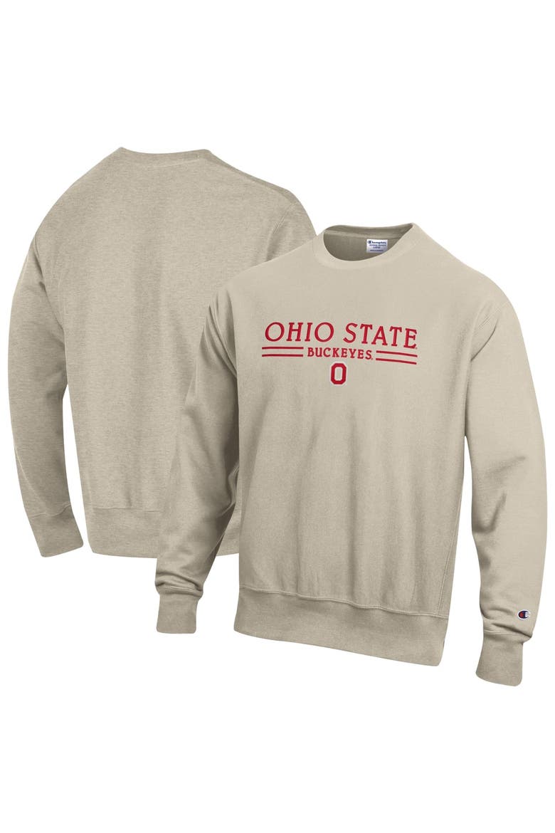 Men's Champion Oatmeal Ohio State Buckeyes Reverse Weave Crewneck Sweatshirt, Main, color, Oatmeal