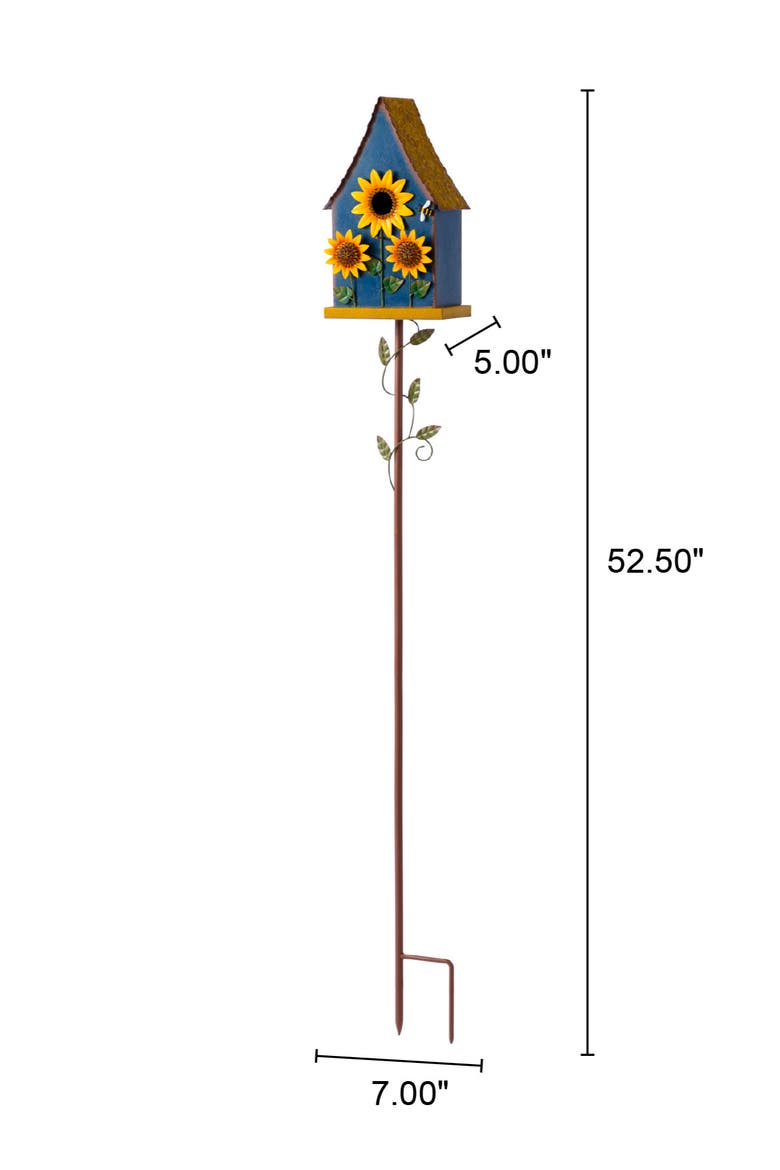 52"H Metal Daisy Decorative Garden Birdhouse with Stake, Alternate, color, Blue