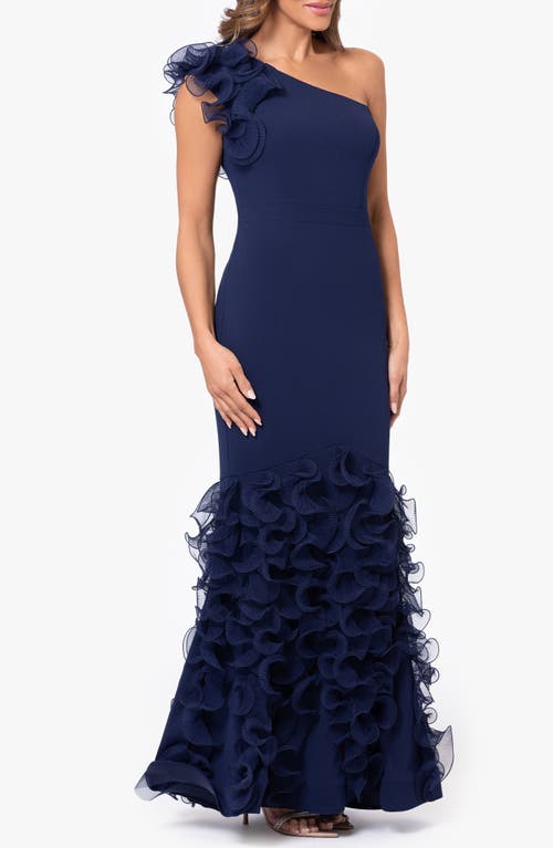 Xscape Evenings Wire Ruffle Detail One-shoulder Scuba Crepe Gown In Navy