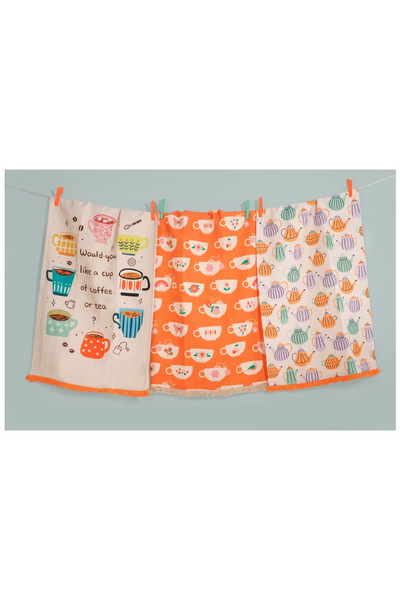 The Barista's Choice Set of 3 Cotton Waffle Kitchen Towels, Alternate, color, ORANGE/ CREAM / MULTI