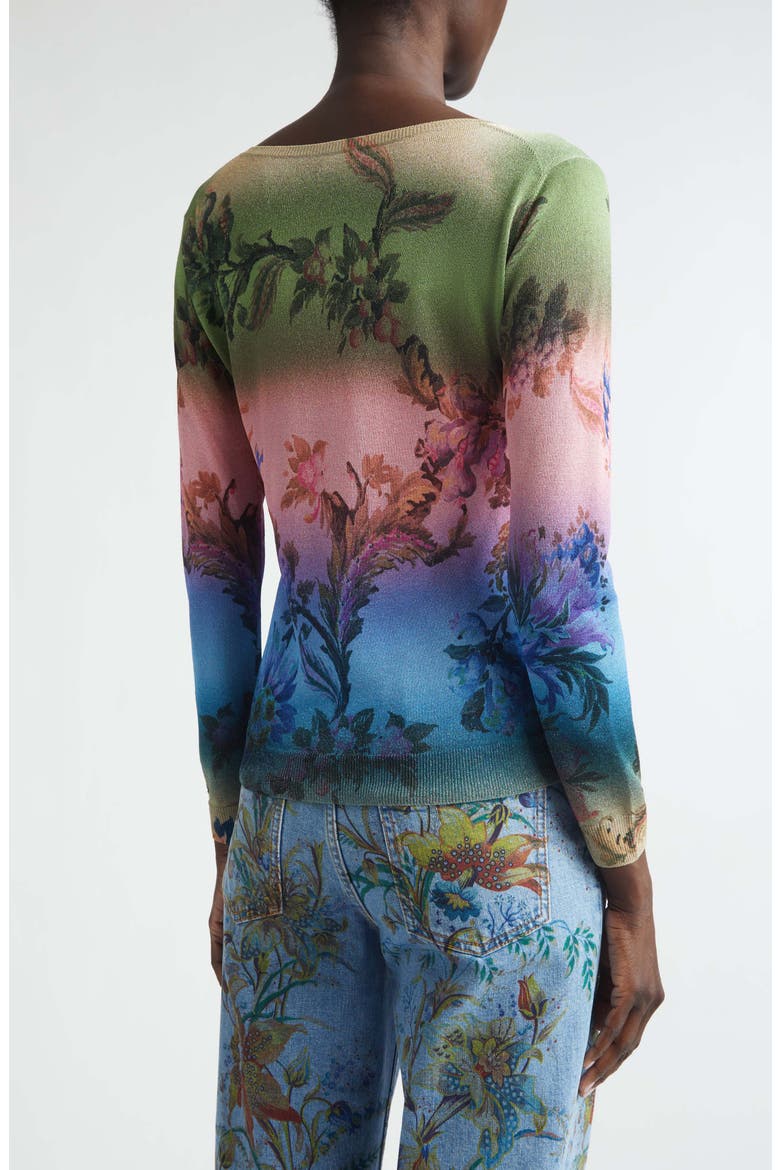 Metallic Floral Ombré V-Neck Sweater, Alternate, color, GREEN