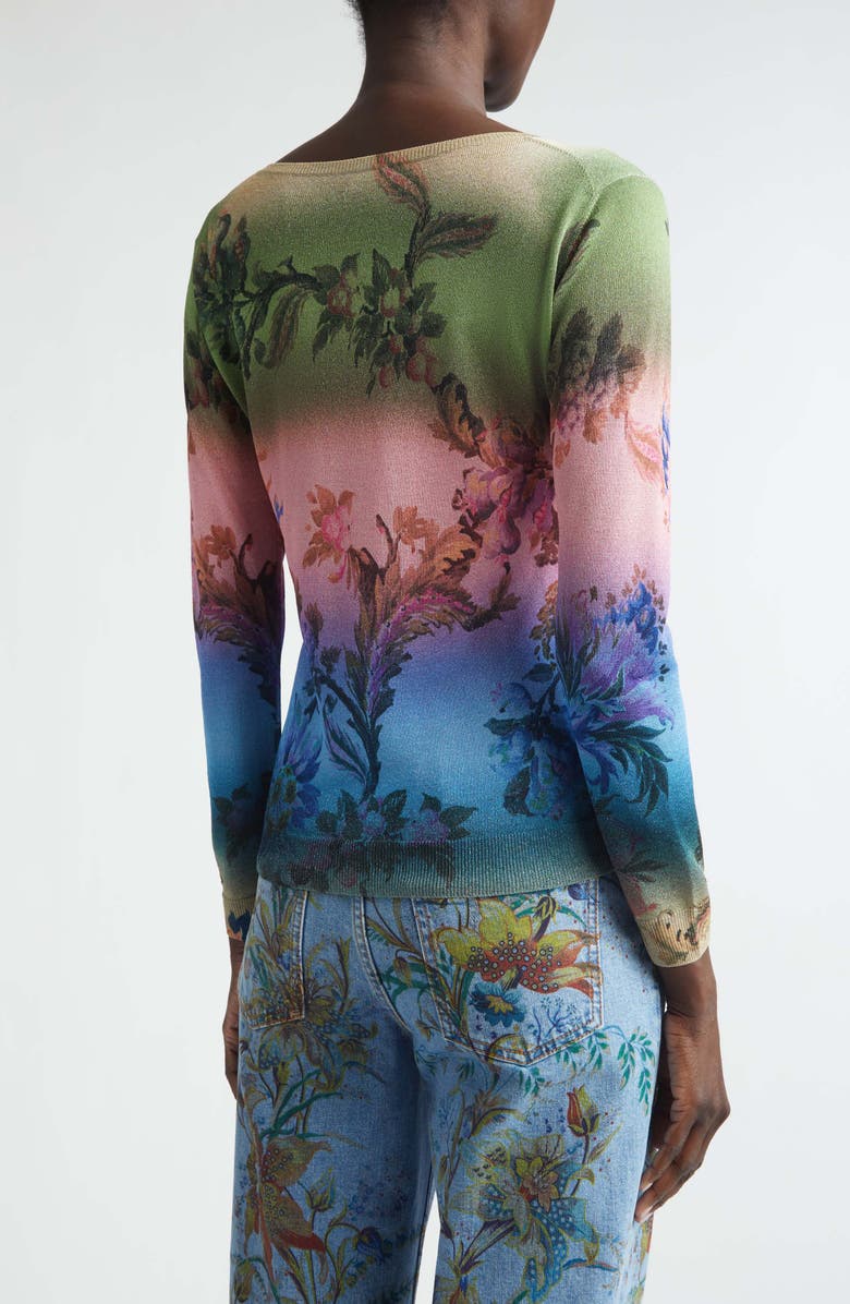 Etro Metallic Floral Ombré V-Neck Sweater, Alternate, color, Green