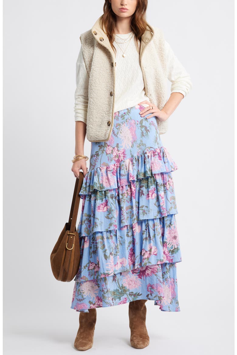 Floral Tiered Ruffle Maxi Skirt, Alternate, color, BLUE GARDEN FLORAL
