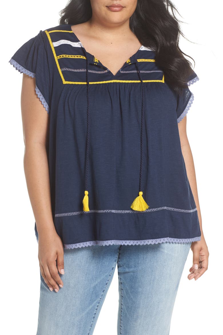 Lace Inset Boho Tee, Main, color, NAVY- YELLOW ABRIL PATTERN