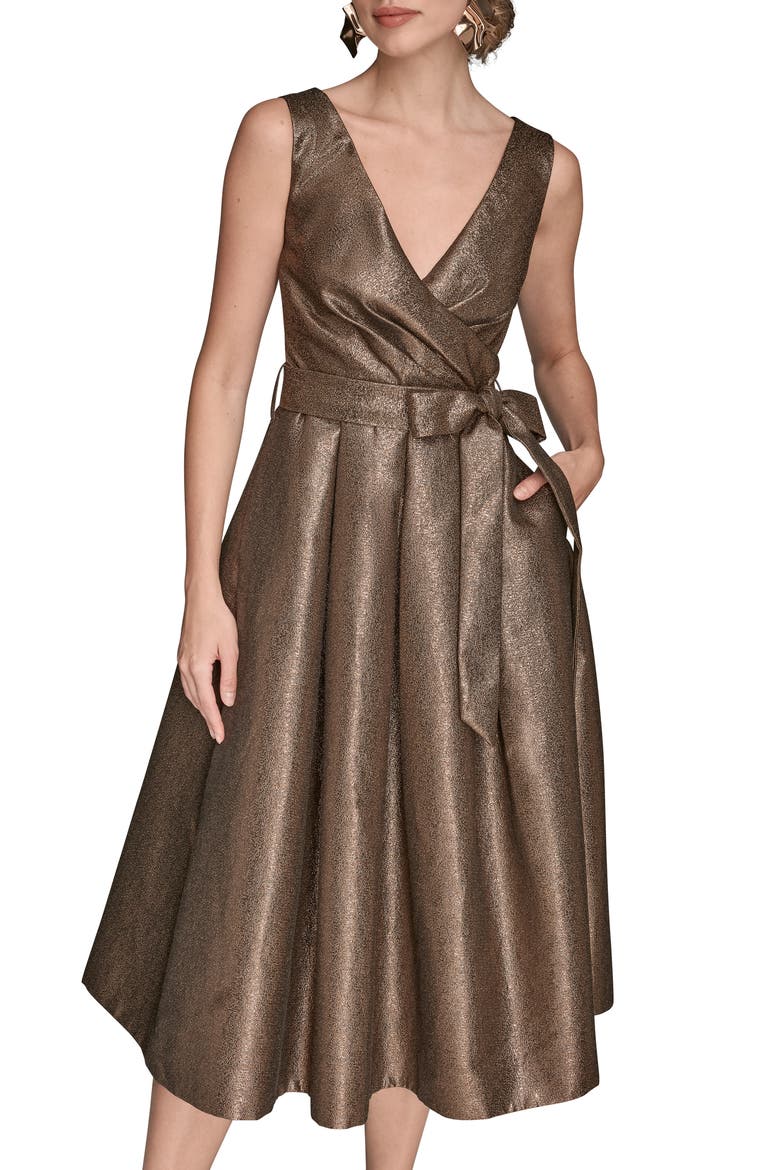 Metallic Jacquard Pleated Faux Wrap Cocktail Dress, Alternate, color, VICUNA