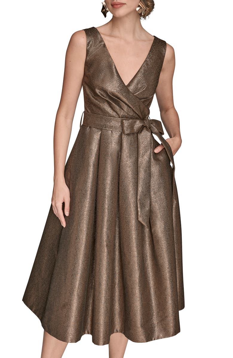 Donna Karan New York Metallic Jacquard Pleated Faux Wrap Cocktail Dress, Alternate, color, Vicuna