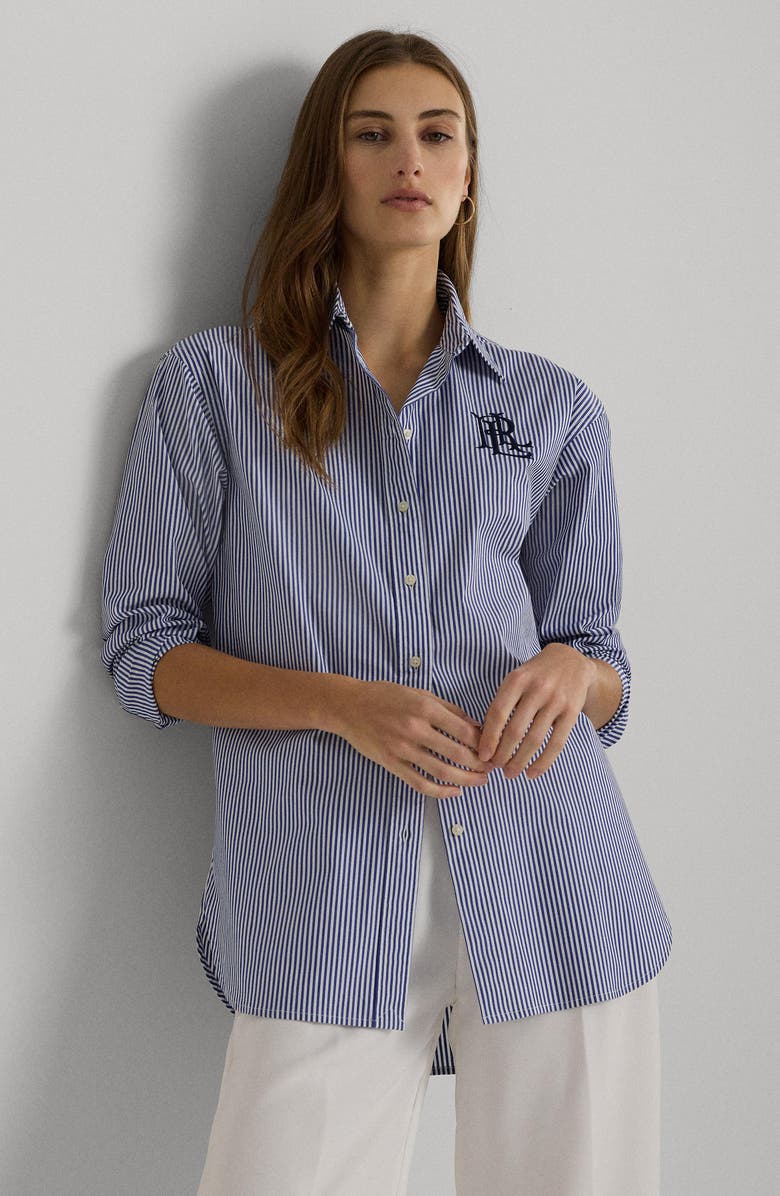 Lauren Ralph Lauren Relaxed Fit Striped Stretch Cotton Shirt, Alternate, color, Blue/White