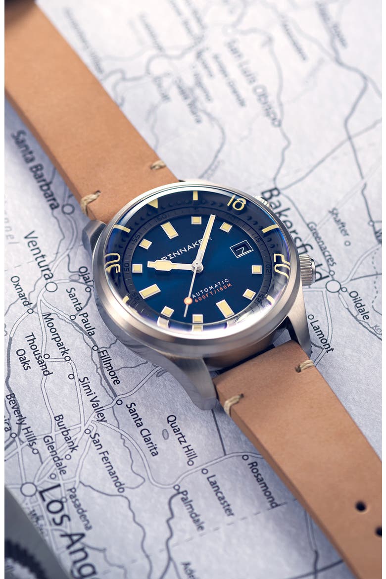 Bradner Automatic Leather Strap Watch, 42mm, Alternate, color, BLUE