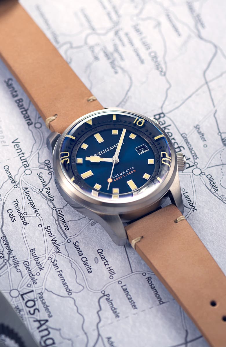SPINNAKER Bradner Automatic Leather Strap Watch, 42mm, Alternate, color, Blue