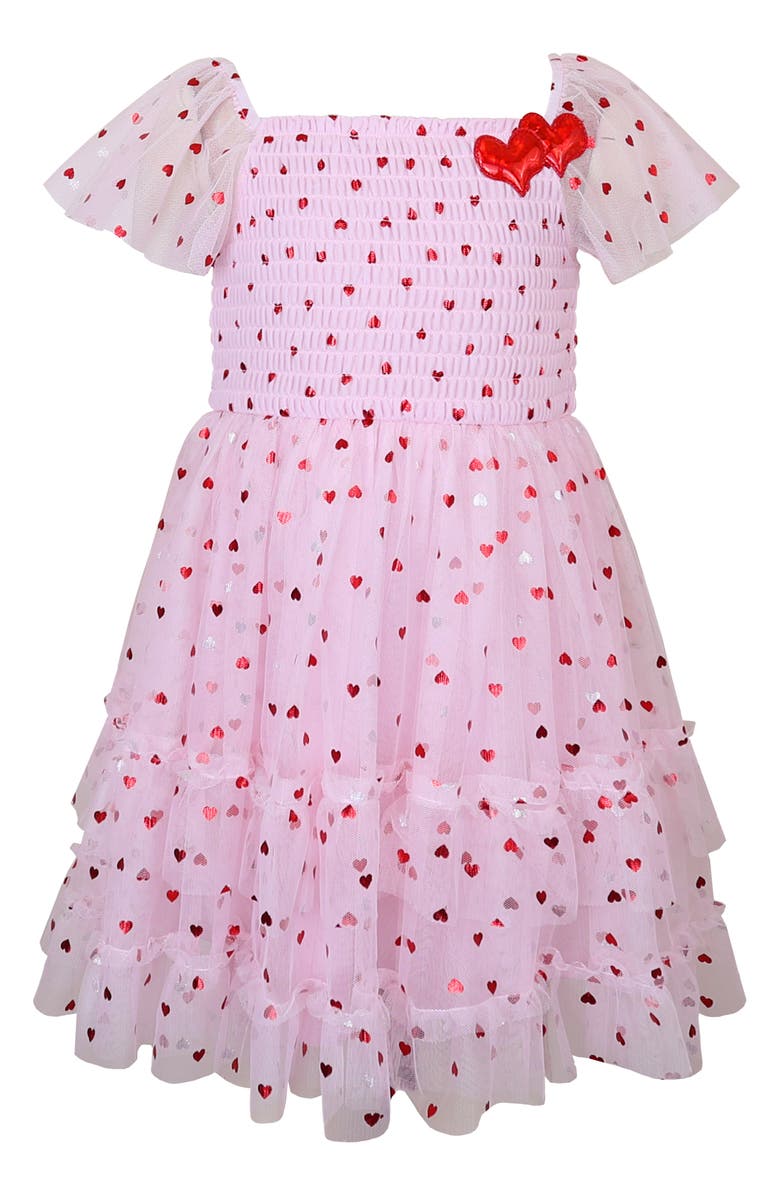 Zunie Kids' Heart Mesh Tiered Dress, Main, color, Blush/ Red