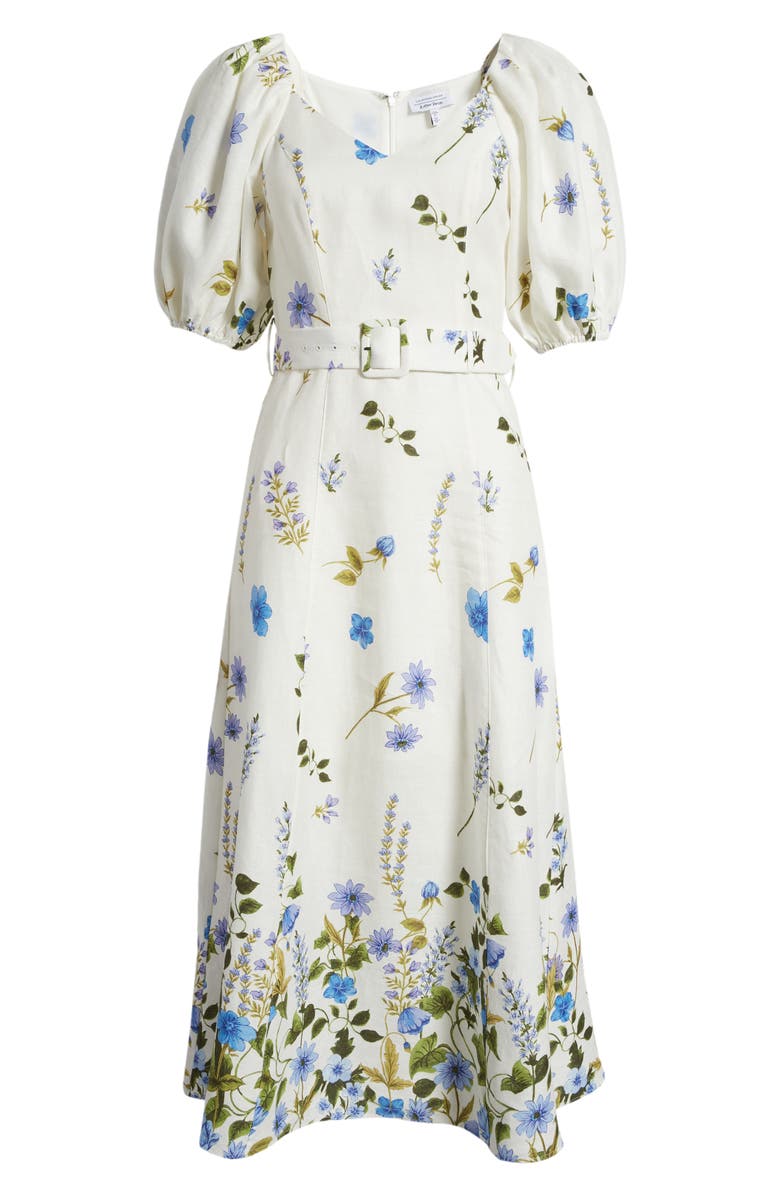 & Other Stories Floral Belted Puff Sleeve Linen Midi Dress, Alternate, color, 