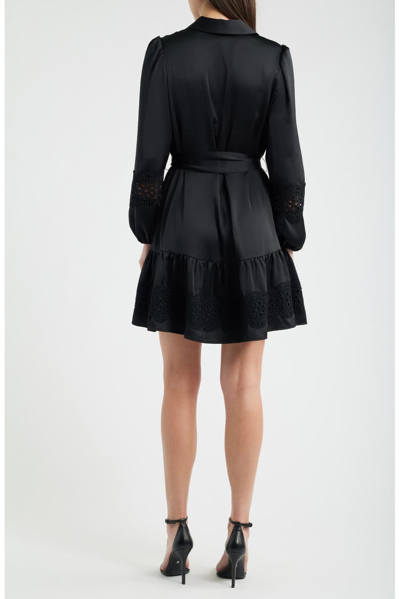 Lace Trim Long Sleeve Tie Belt Satin Shirtdress, Alternate, color, ANNE BLACK