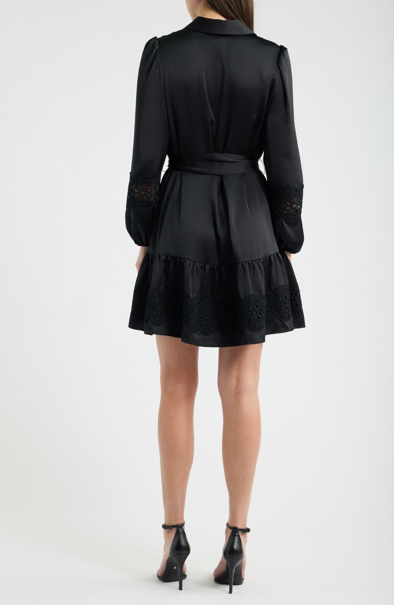 Anne Klein Lace Trim Long Sleeve Tie Belt Satin Shirtdress, Alternate, color, Anne Black