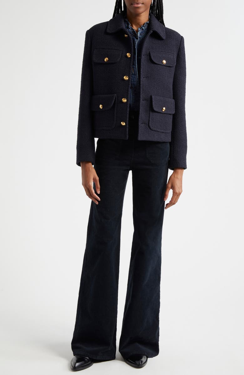 Nili Lotan Lydia Ruffle Accent Denim Button-Up Shirt, Alternate, color, 