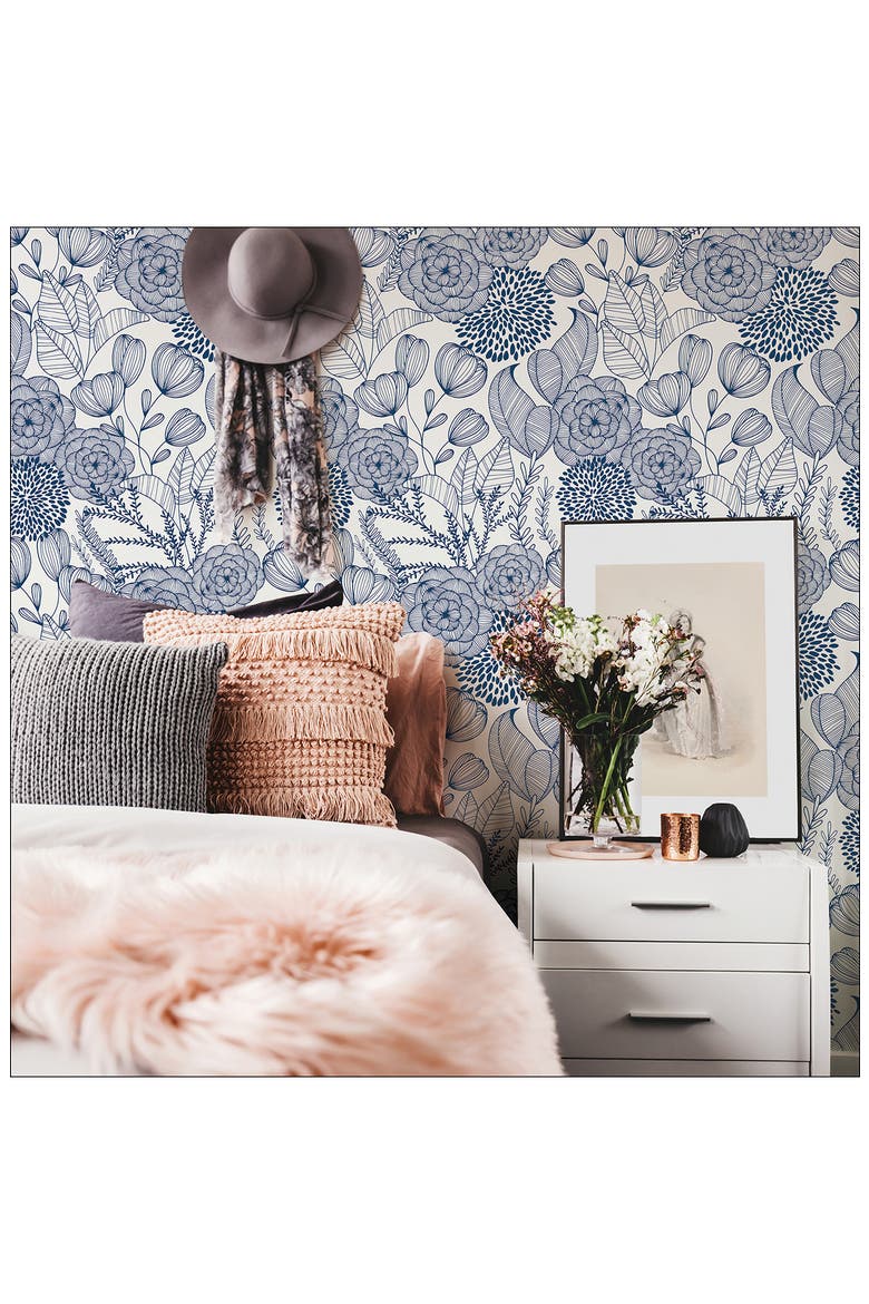 Navy Secret Garden Peel & Stick Wallpaper, Alternate, color, BLUE