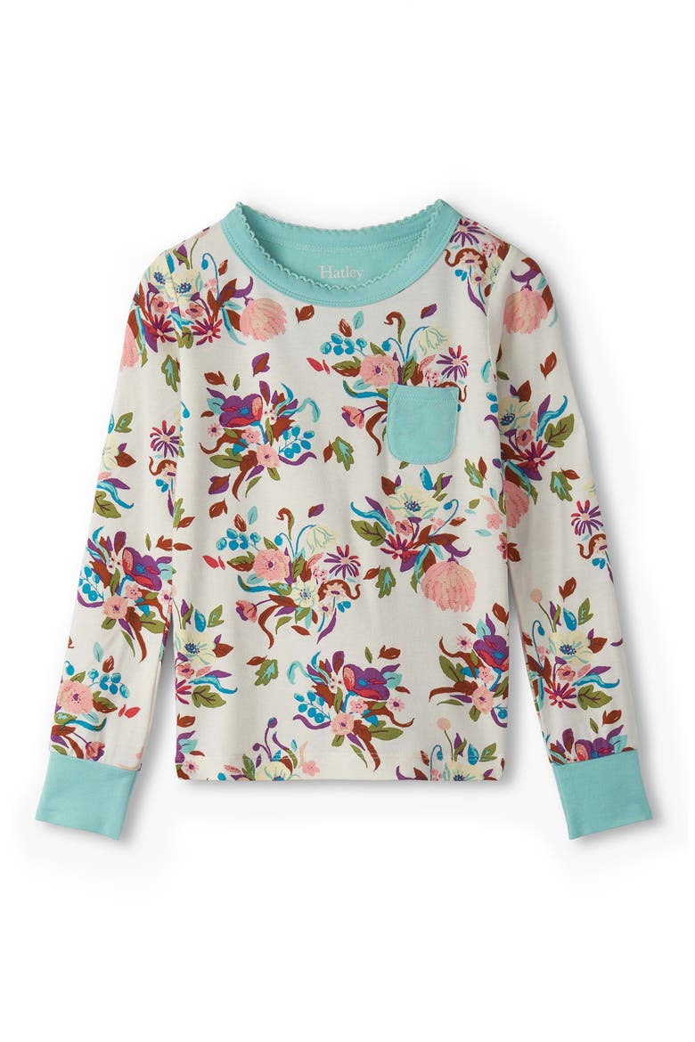 Kids' Fall Floral Fitted Two-Piece Pajamas, Alternate, color, SEA SALT