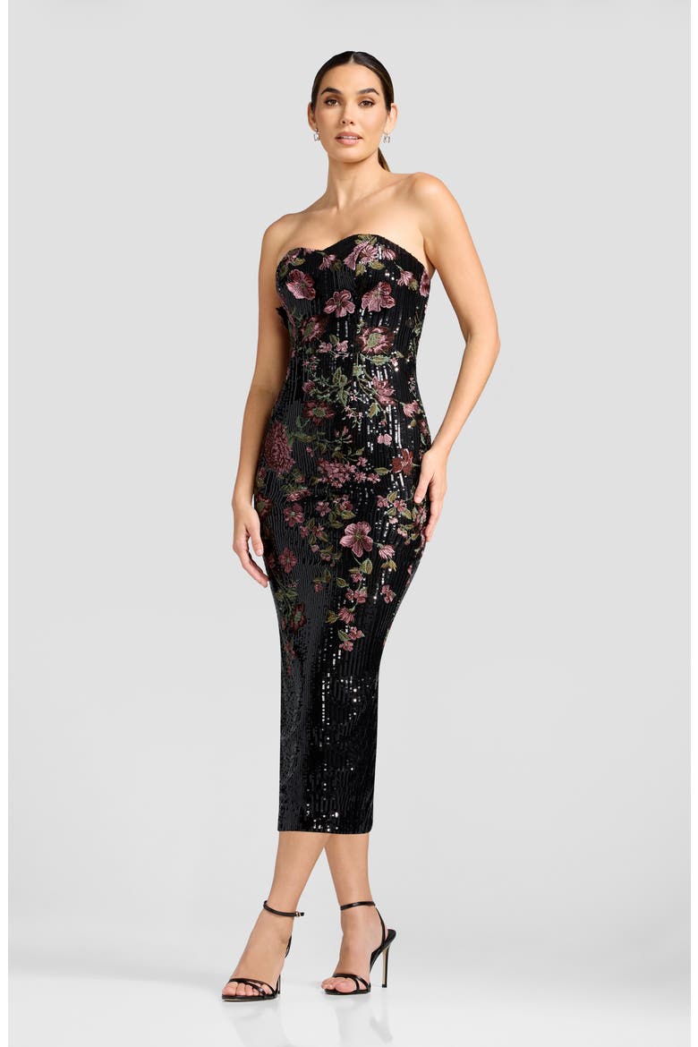 Shailene Floral Embroidered Sequin Strapless Cocktail Dress, Alternate, color, BLACK MULTI