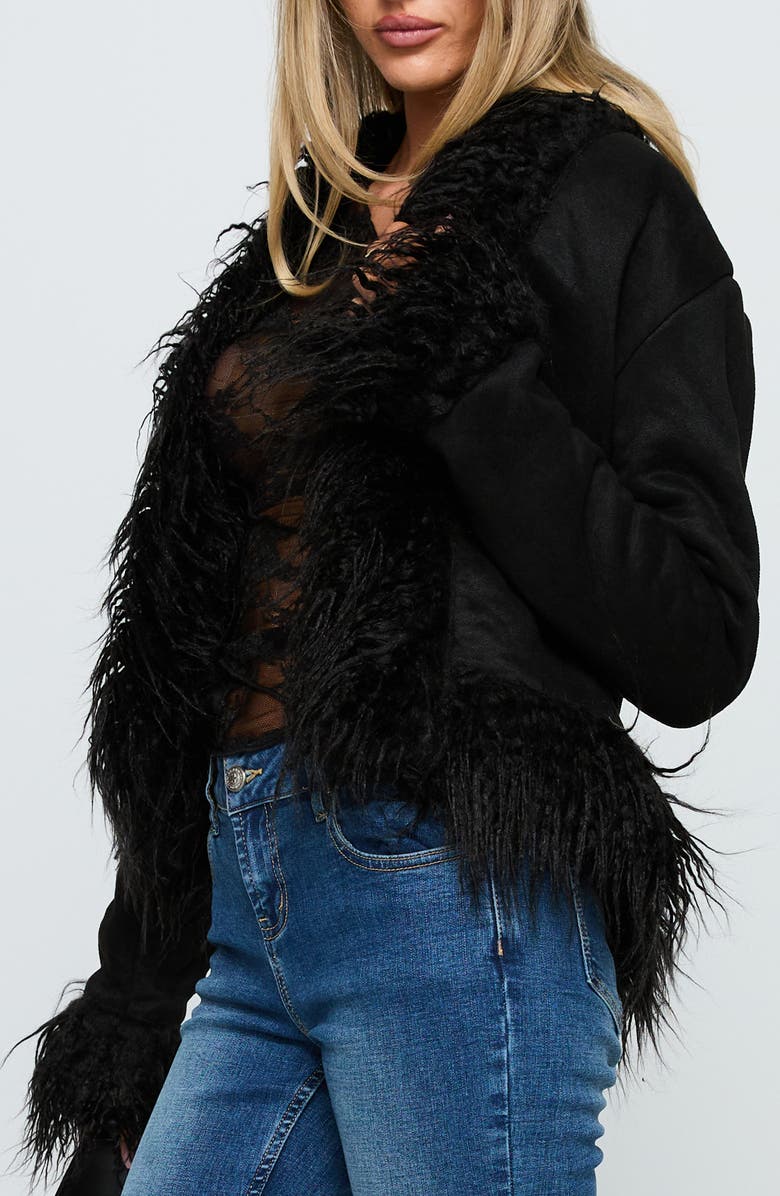 Princess Polly Lowden Faux Fur Trim Faux Suede Jacket, Alternate, color, Black