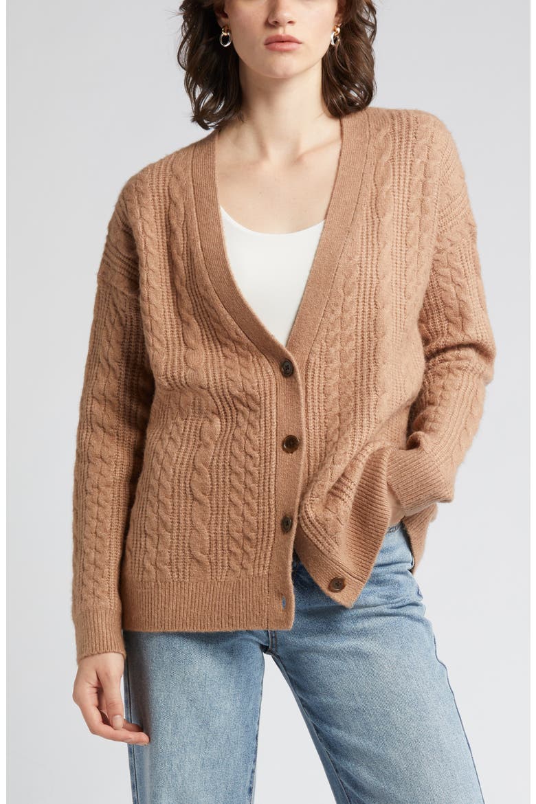 Cable Stitch Oversize Button-Up Sweater, Alternate, color, TAN SMOKE