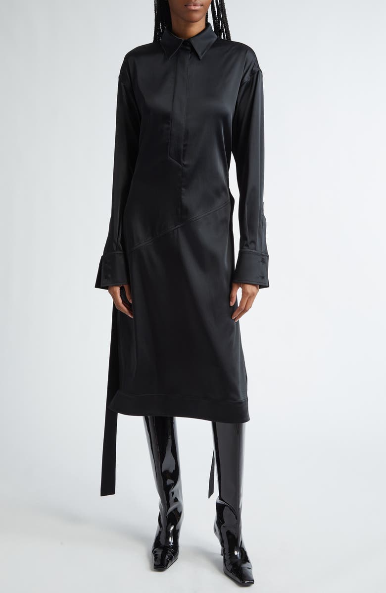 Proenza Schouler Andy Belted Long Sleeve Satin Shirtdress, Main, color, Black