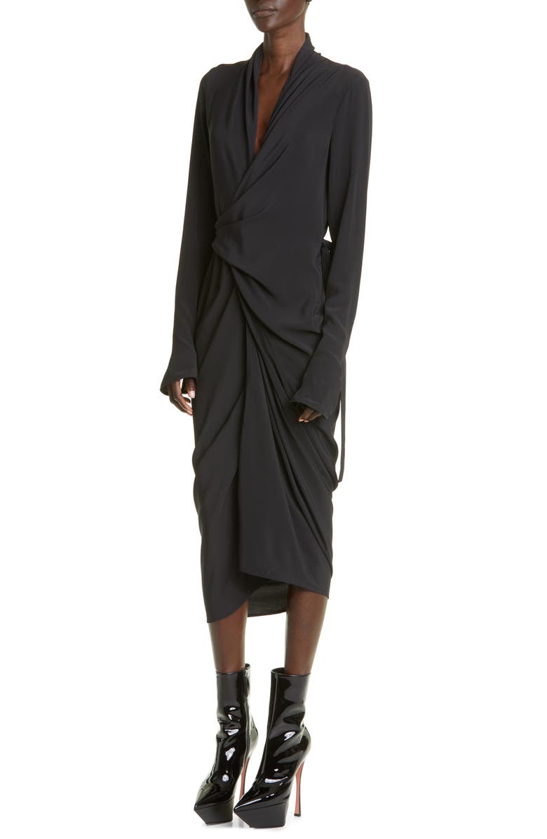 Rick Owens Drape Long Sleeve Wrap Dress, Alternate, color, 