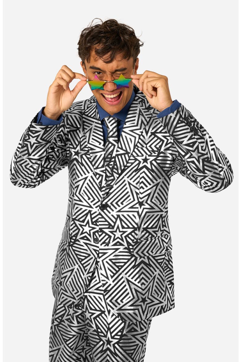 Silver Geo Star Slim Fit Two-Piece Suit & Tie Set, Alternate, color, BLACK/ SILVER