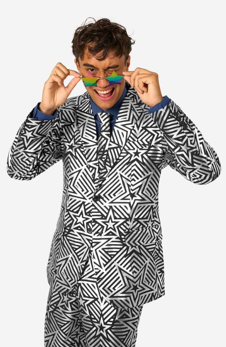 OppoSuits Silver Geo Star Slim Fit Two-Piece Suit 
Tie Set, Alternate, color, Black/ Silver